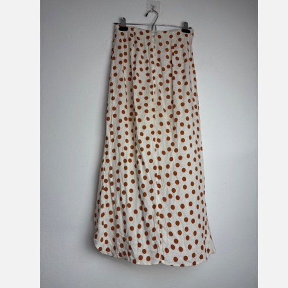 Zara Polka Dot Ruched Midi Skirt Womens XS White Brown Linen Cotton - Picture 6 of 6